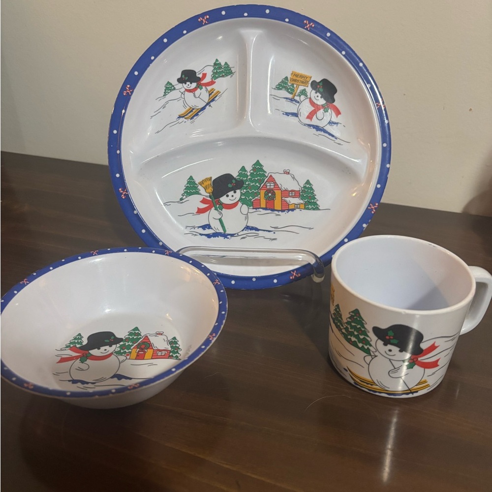 Vintage Snowman Children's Dinnerware Set - Blue and White